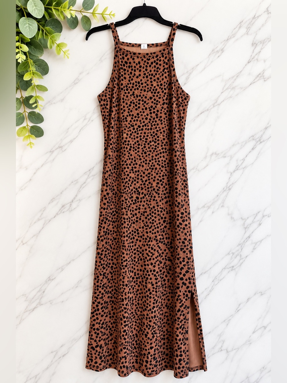 Old Navy XL Brown Black Animal Print Ribbed Maxi Dress Side Slits